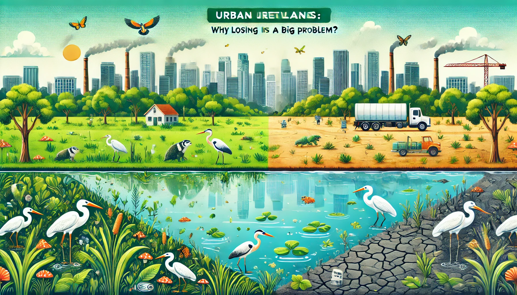 Dall·e 2025 01 07 20.10.35 A Visually Striking Banner For A Website About Urban Wetlands, Featuring A Split Scene. One Side Shows A Vibrant, Thriving Wetland With Lush Greenery,